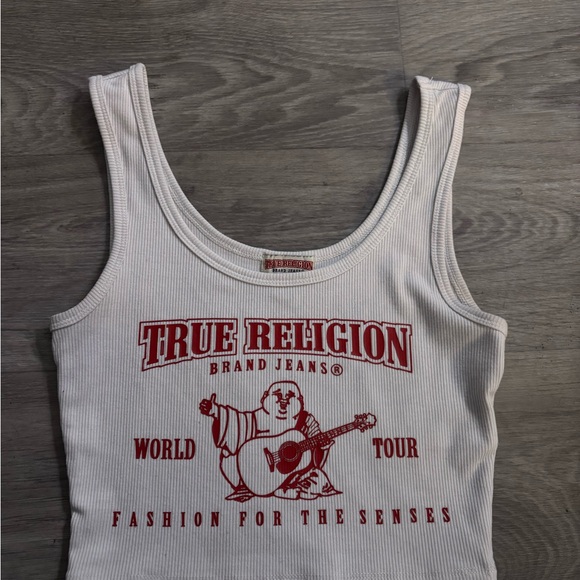 True Religion Tops - True Religion White Ribbed Tank with Red Logo Graphic